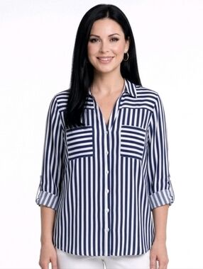 BCX Navy And White Striped Collared V-neck Button-Up Blouse Size XL